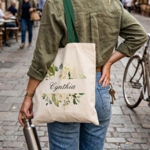 Tote Bag Demoiselle d'honneur Fleurs de verdure Roses blanc