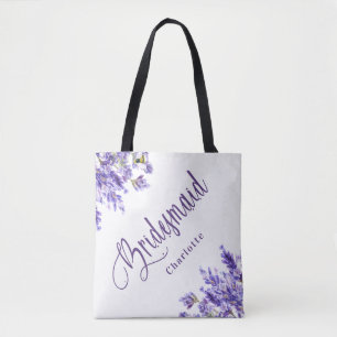 Tote Bag Demoiselle d'honneur fleurs lavande violet écritur