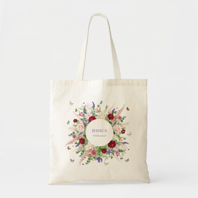 Tote Bag Demoiselle d'honneur Fleurs papillons Rose Violet  (Devant)