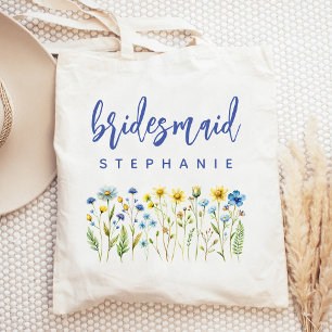 Tote Bag Demoiselle d'honneur fleurs sauvages bleues écritu