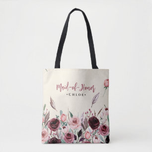Tote Bag Demoiselle d'honneur Floral Script Bourgogne Robe
