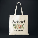 Tote Bag Demoiselle d'honneur florale blanche de brosse de<br><div class="desc">Le rose à la mode moderne d'aquarelle de manuscrit de brosse rougissent le sac fourre-tout floral blanc à demoiselle d'honneur</div>