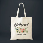 Tote Bag Demoiselle d'honneur florale blanche de brosse de<br><div class="desc">Le rose à la mode moderne d'aquarelle de manuscrit de brosse rougissent le sac fourre-tout floral blanc à demoiselle d'honneur</div>