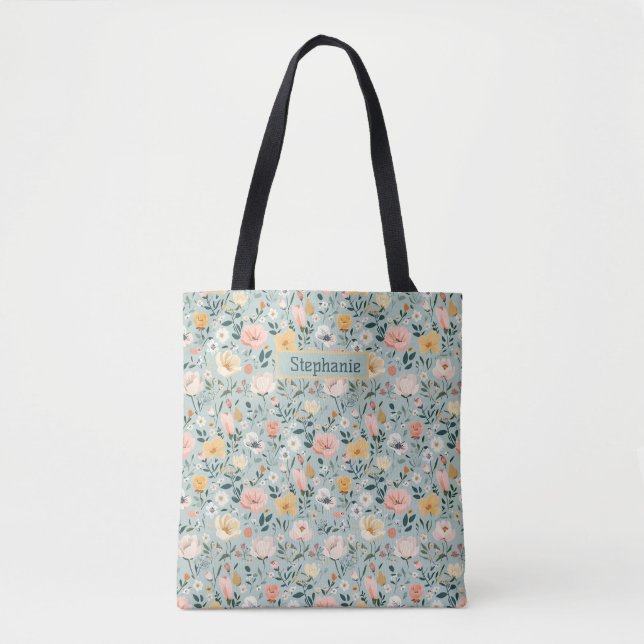 Tote Bag Demoiselle d'honneur florale Bleu Rose Blanc Pêche (Devant)