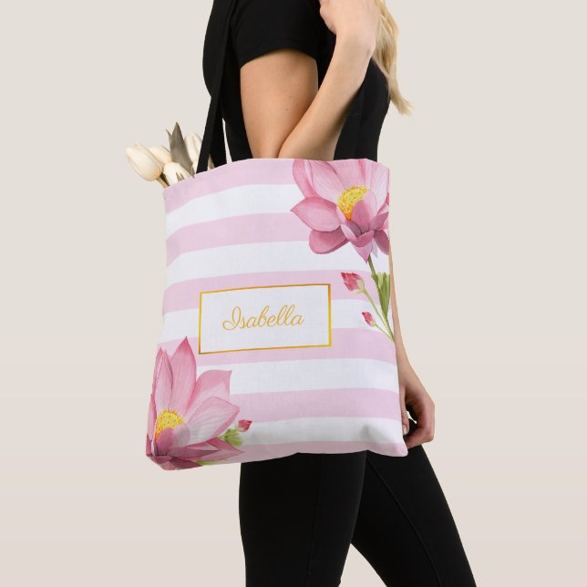 Tote Bag Demoiselle d'honneur florale de Lotus d'or rose (De près)