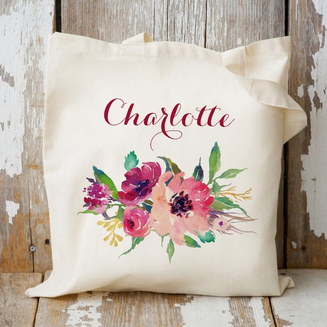 Tote Bag Demoiselle d'honneur Florale Personnalisée Bourgog (Créateur téléchargé)