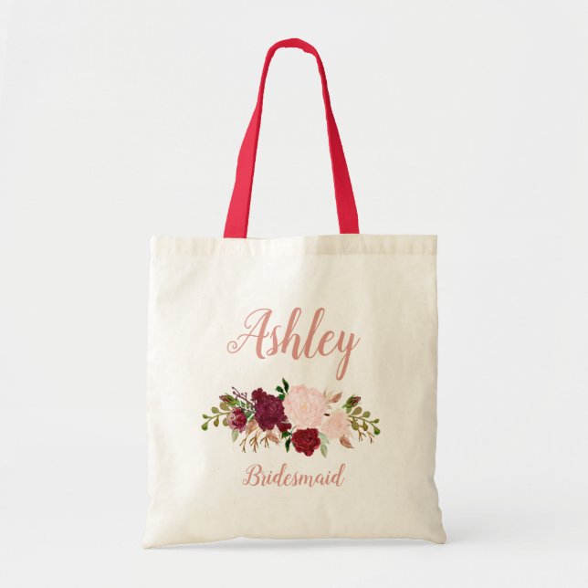 Tote Bag Demoiselle d'honneur florale personnalisée Marsala (Devant)