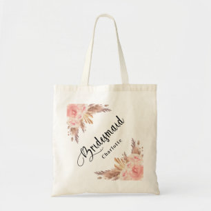 Tote Bag Demoiselle d'honneur herbe de pampa rose or floral