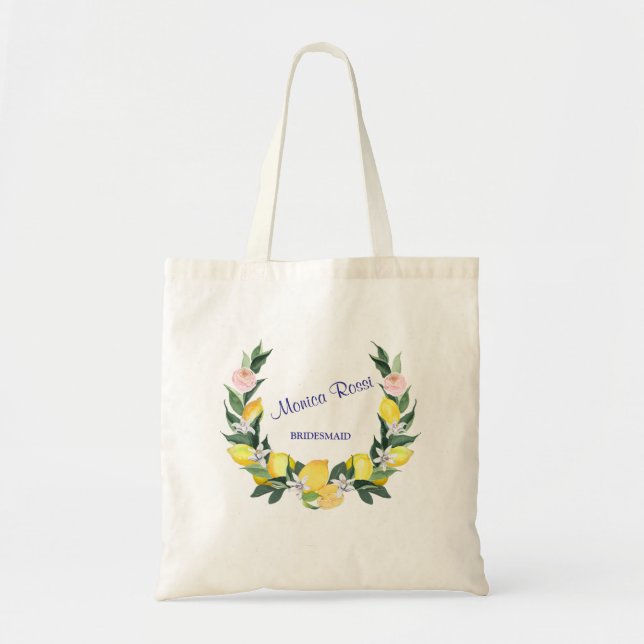 Tote Bag Demoiselle d'honneur Moderne Citrons Bleu Nom de F (Devant)