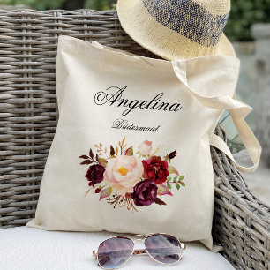 Tote Bag Demoiselle d'honneur personnalisée florale bordeau