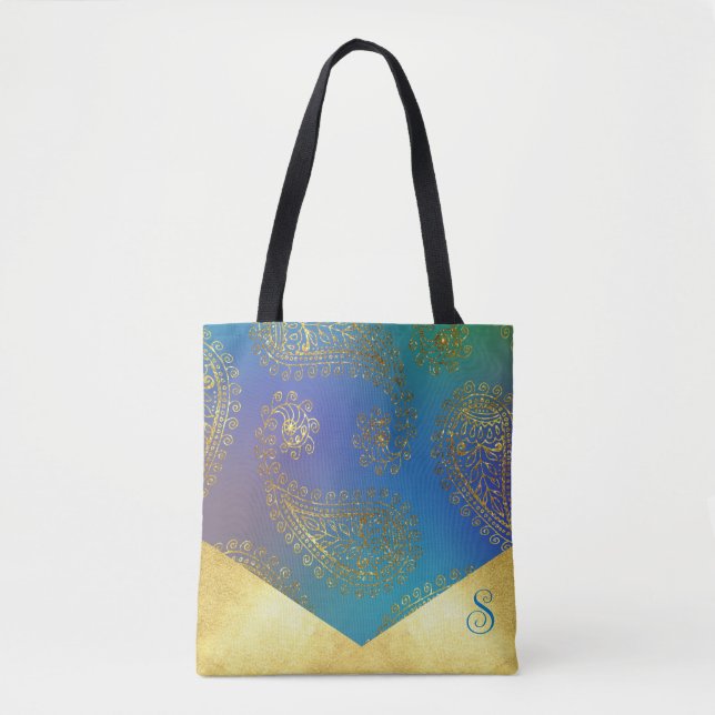 Tote Bag Demoiselle d'honneur turquoise et or métallisé (Devant)