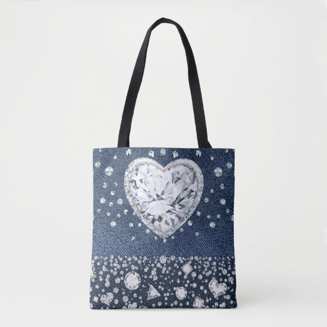 Tote Bag Denim Bleu Jean & Diamants Bling Cœur de Diamant (Devant)