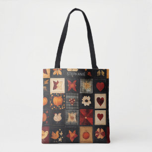 Tote Bag Denim Folk Art Quilt Motif Patch d'automne rusti