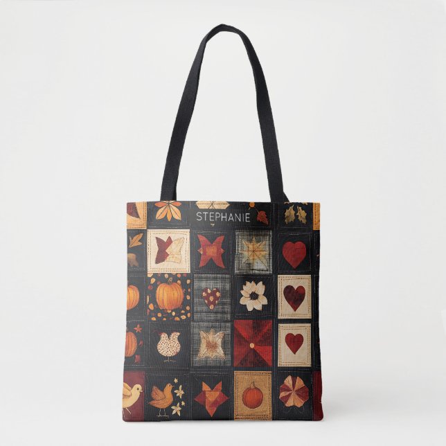 Tote Bag Denim Folk Art Quilt Motif | Patch d'automne rusti (Devant)