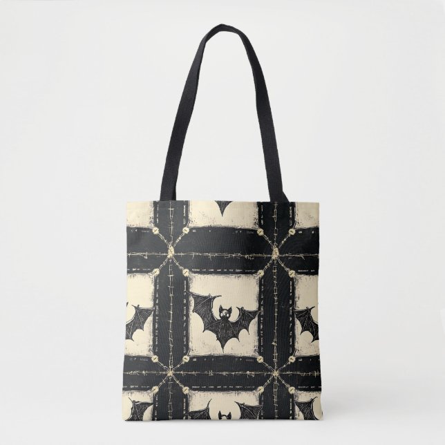 Tote Bag Denim Grunge Halloween Patchwork avec Chauves-sour (Devant)