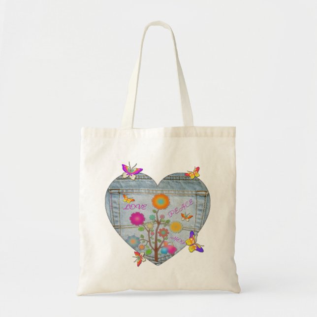 Tote Bag Denim Pocket Fleurs cardiaques Papillons (Devant)