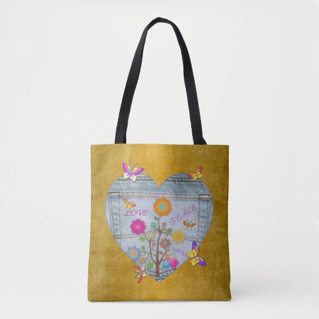 Tote Bag Denim Pocket Fleurs cardiaques Papillons (Devant)