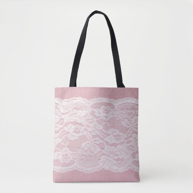 Tote Bag Dentelle blanche sur Pastel Lin rose Texture (Devant)