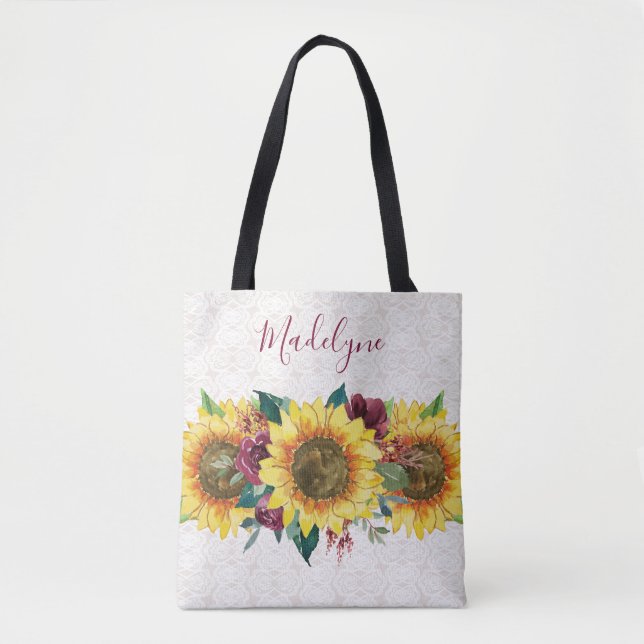 Tote Bag Dentelle de tournesol Aquarelle Bourgogne Floral (Devant)