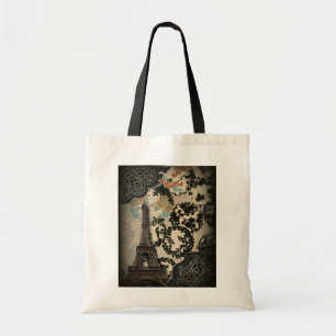 Tote Bag dentelle fleurie noire bohème Paris Tour Eiffel