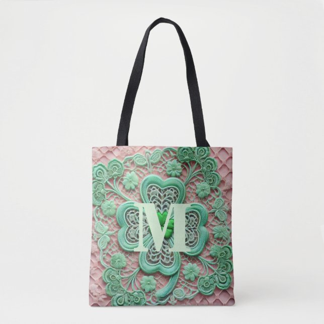 Tote Bag Dentelle monogramme vert trèfle Saint-Patrick  (Devant)