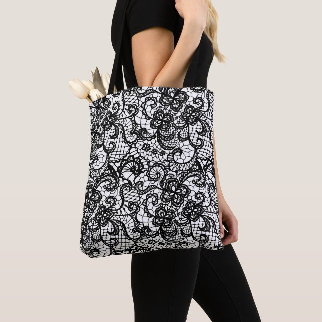 Tote Bag Dentelle noire en blanc (De près)
