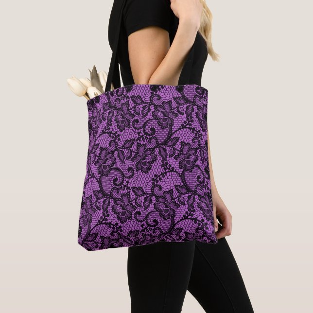 Tote Bag Dentelle Rose Et Noir De Faux (De près)