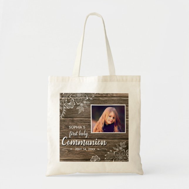 Tote Bag Dentelle rustique en bois Première sainte communio (Devant)
