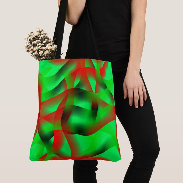 Tote Bag Des ondulations vert citron et rouge clair, avec d (De près)