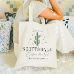 Tote Bag Desert Cactus Scottsdale Bachelorette Party<br><div class="desc">Bienvenue invités à votre destination week-end de bachelorette avec ces sacs fourre-tout personnalisés mignons. Le design présente une illustration de cactus vert flanquée d'étoiles, avec deux lignes de texte personnalisé en dessous ; illustrée par "Scottsdale Before the Veil". Ajoutez votre nom d'événement en bas, et l'année courbée en haut. Les...</div>