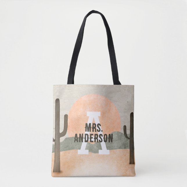 Tote Bag Desert Cactus Sun Nom de famille initial personnal (Devant)