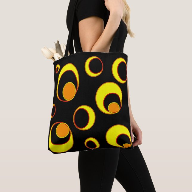 Tote Bag Design abstrait moderne, cercles jaunes sur noir (De près)
