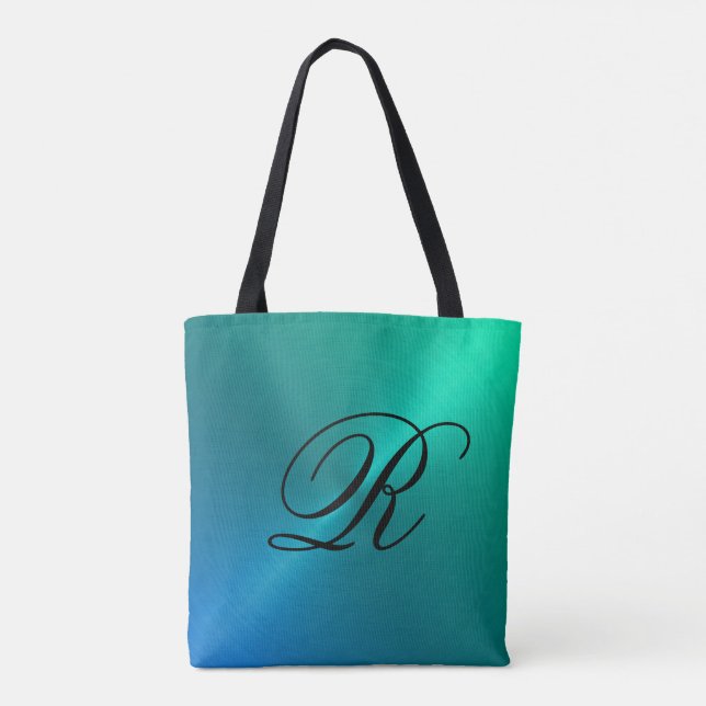 Tote Bag Design bleu et Aqua Ombre avec Monogramme (Dos)
