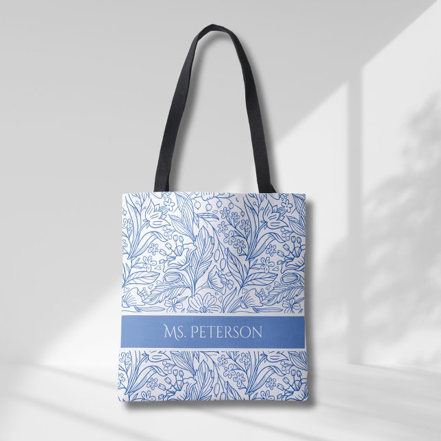 Tote Bag Design botanique bleu élégant personnalisé (Créateur téléchargé)