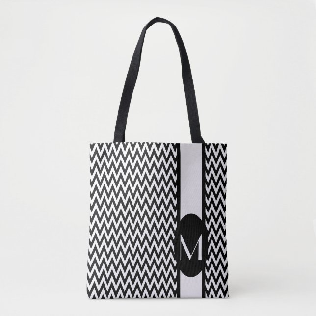 Tote Bag Design Chevron élégant noir avec monogramme (Devant)