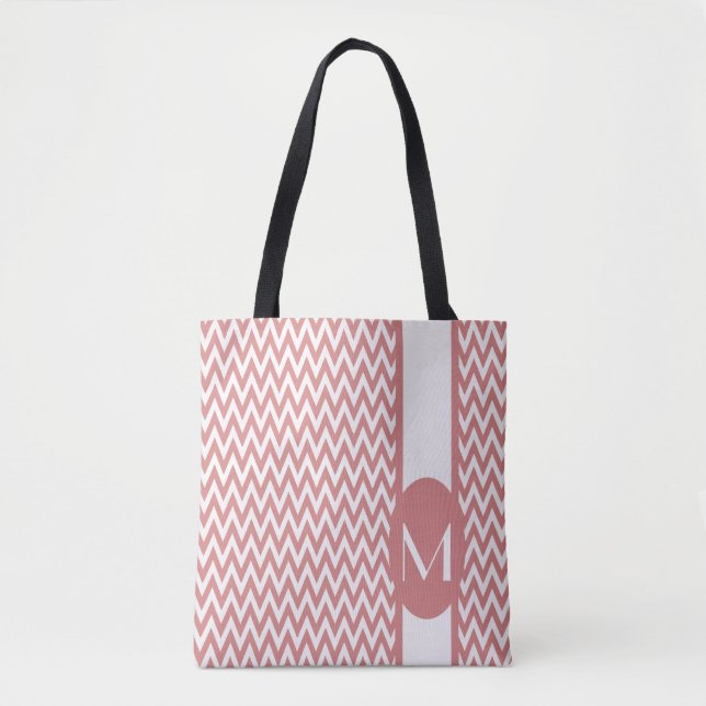 Tote Bag Design Chevron rose élégant avec monogramme (Devant)