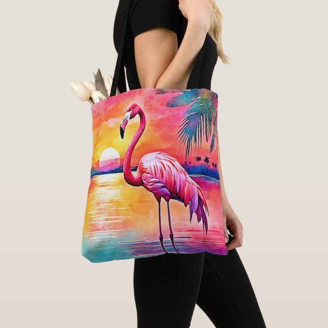 Tote Bag Design d'art Flamant rose Sunset (De près)