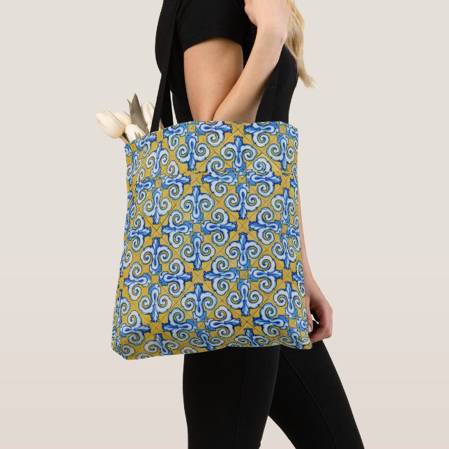 Tote Bag Design de carreaux bleu/jaune espagnol (De près)