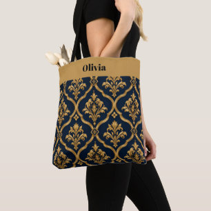 Tote Bag Design de motif vintage élégant en or et damas mar