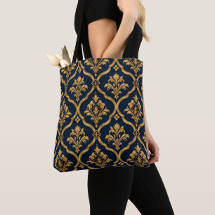 Tote Bag Design de motif vintage élégant en or et damas mar