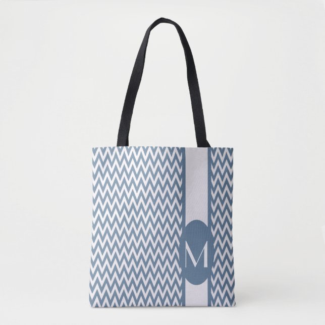 Tote Bag Design élégant Chevron gris français avec monogram (Devant)