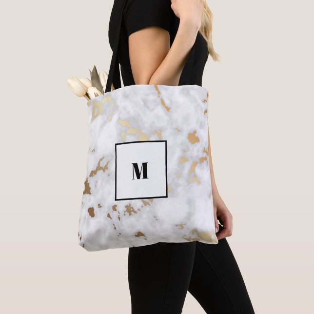 Tote Bag Design en marbre Monogram Gold Classy (De près)