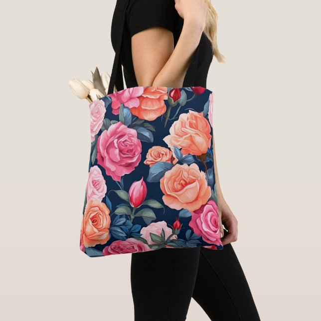 Tote Bag Design Motif Rose rouge rose orange (De près)