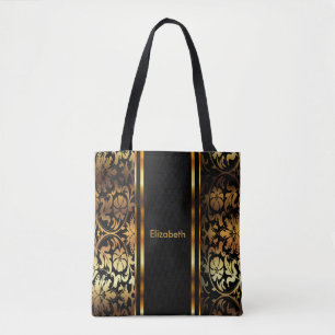 Tote Bag Design or & noir floral Damask