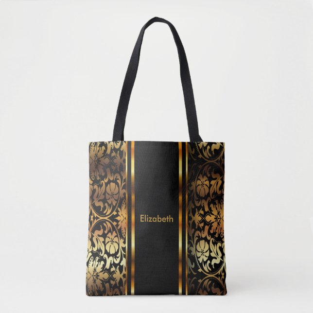Tote Bag Design or & noir floral Damask (Devant)
