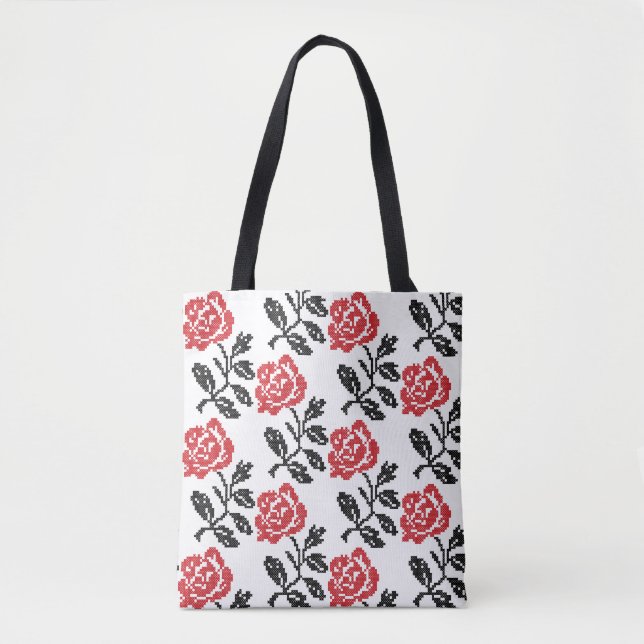 Tote Bag Design original de fleur à point croisé | Rose rou (Devant)
