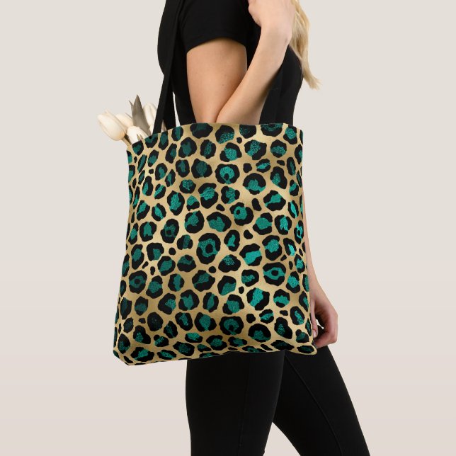 Tote Bag Design turquoise et Gold Leopard Series 14 (De près)