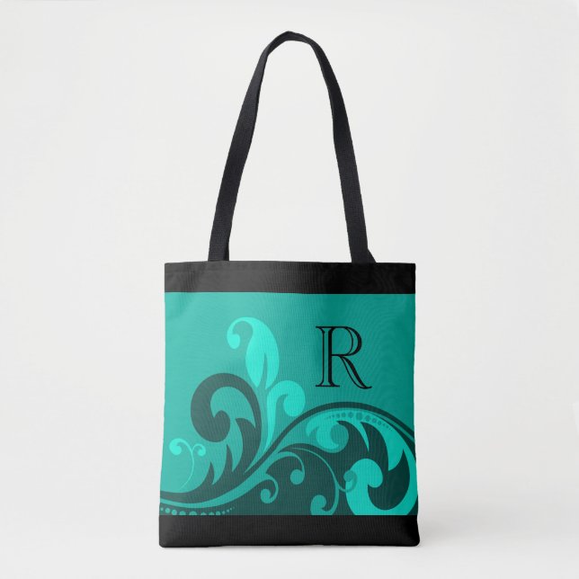 Tote Bag Design turquoise vert fleuri avec Monogramme (Devant)