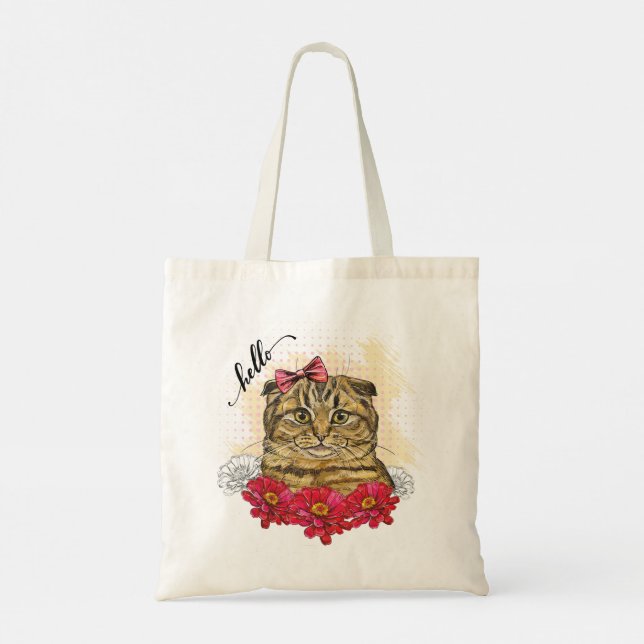 Tote Bag Dessin à la main chat plié écossais avec fleurs ro (Dos)