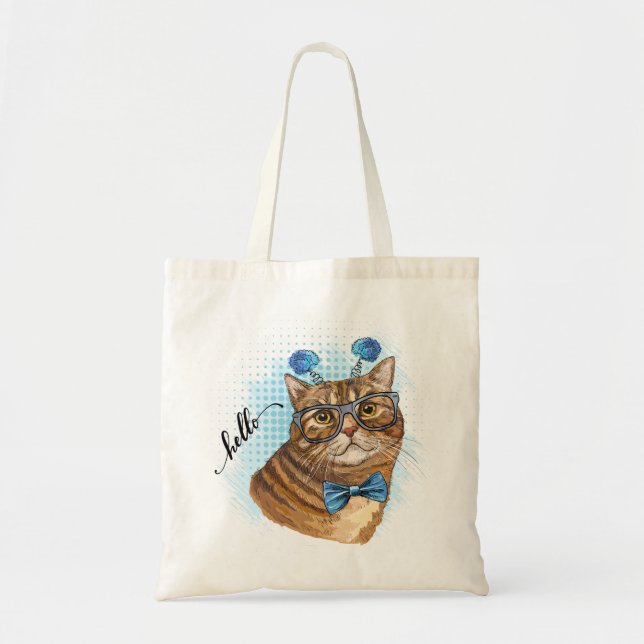 Tote Bag Dessin à la main drôle Tabby chat en lunettes (Devant)